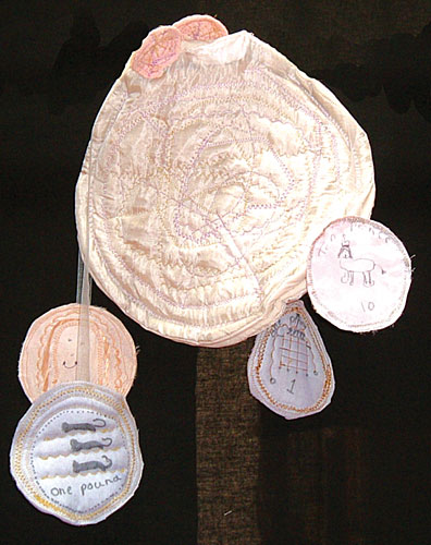 A purse with four coins attached with ribbons